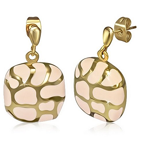 Stainless Steel Pink Yellow Gold-Tone Square Drop Dangle Stud Earrings
