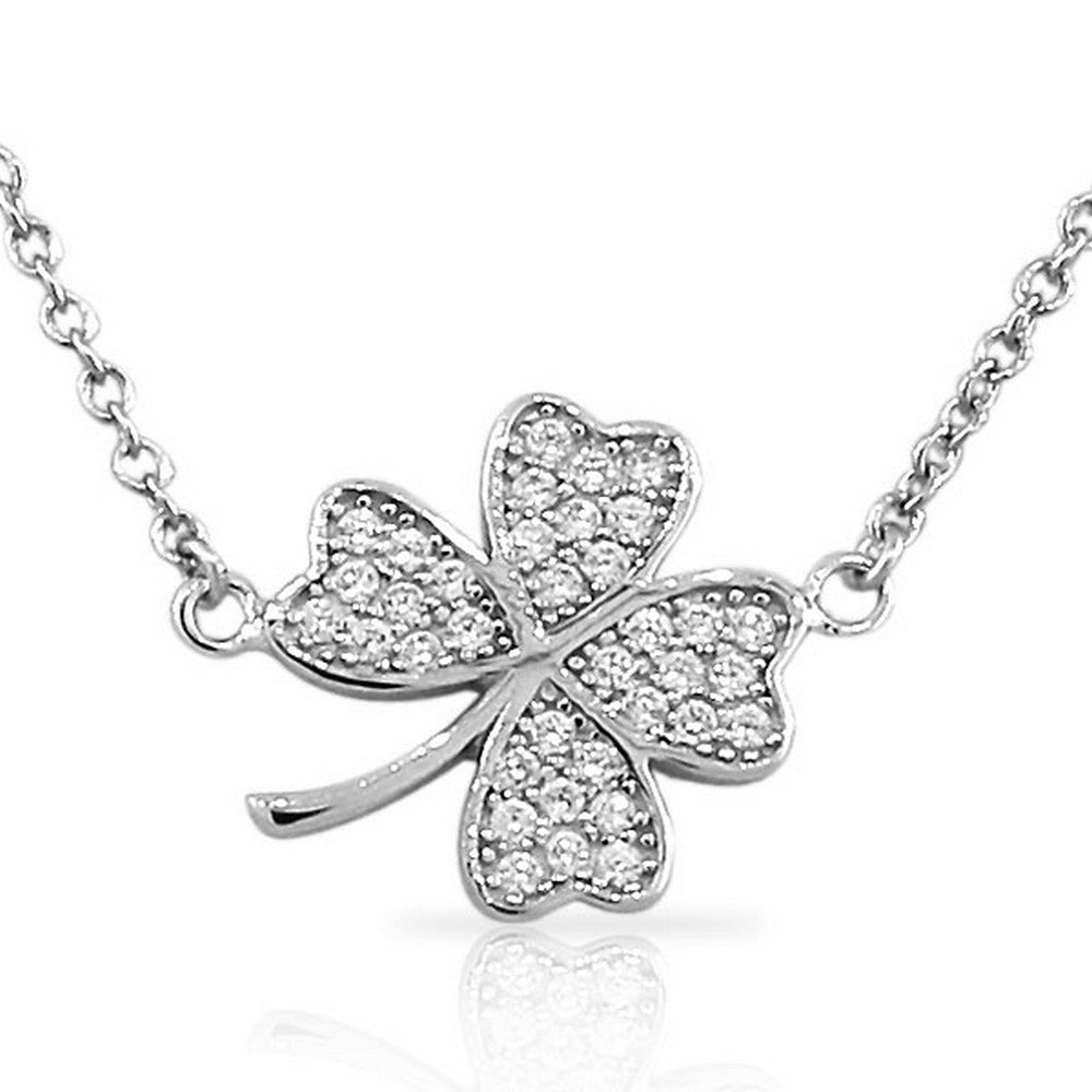 925 Sterling Silver Flower Clover White CZ Womens Pendant Necklace