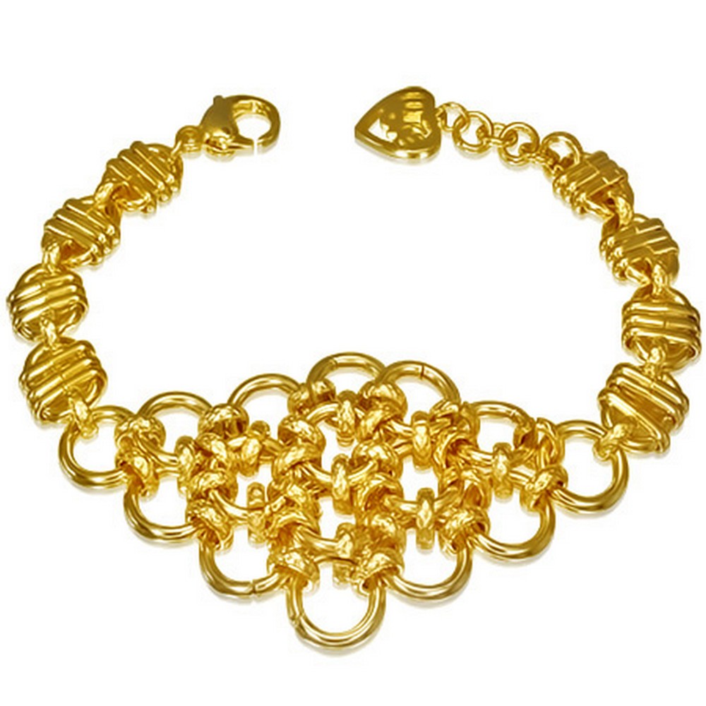 Stainless Steel Yellow Gold-Tone Interlocking Circles Love Heart Womens Wide Chain Bracelet