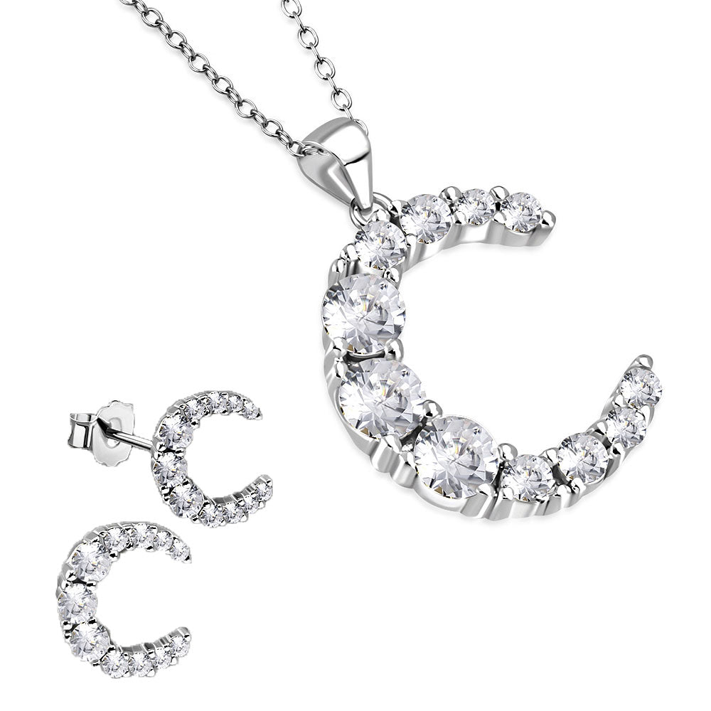 925 Sterling Silver Clear CZ Moon Crescent Pendant Necklace Stud Earrings Set, 18"