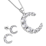 925 Sterling Silver Clear CZ Moon Crescent Pendant Necklace Stud Earrings Set, 18"