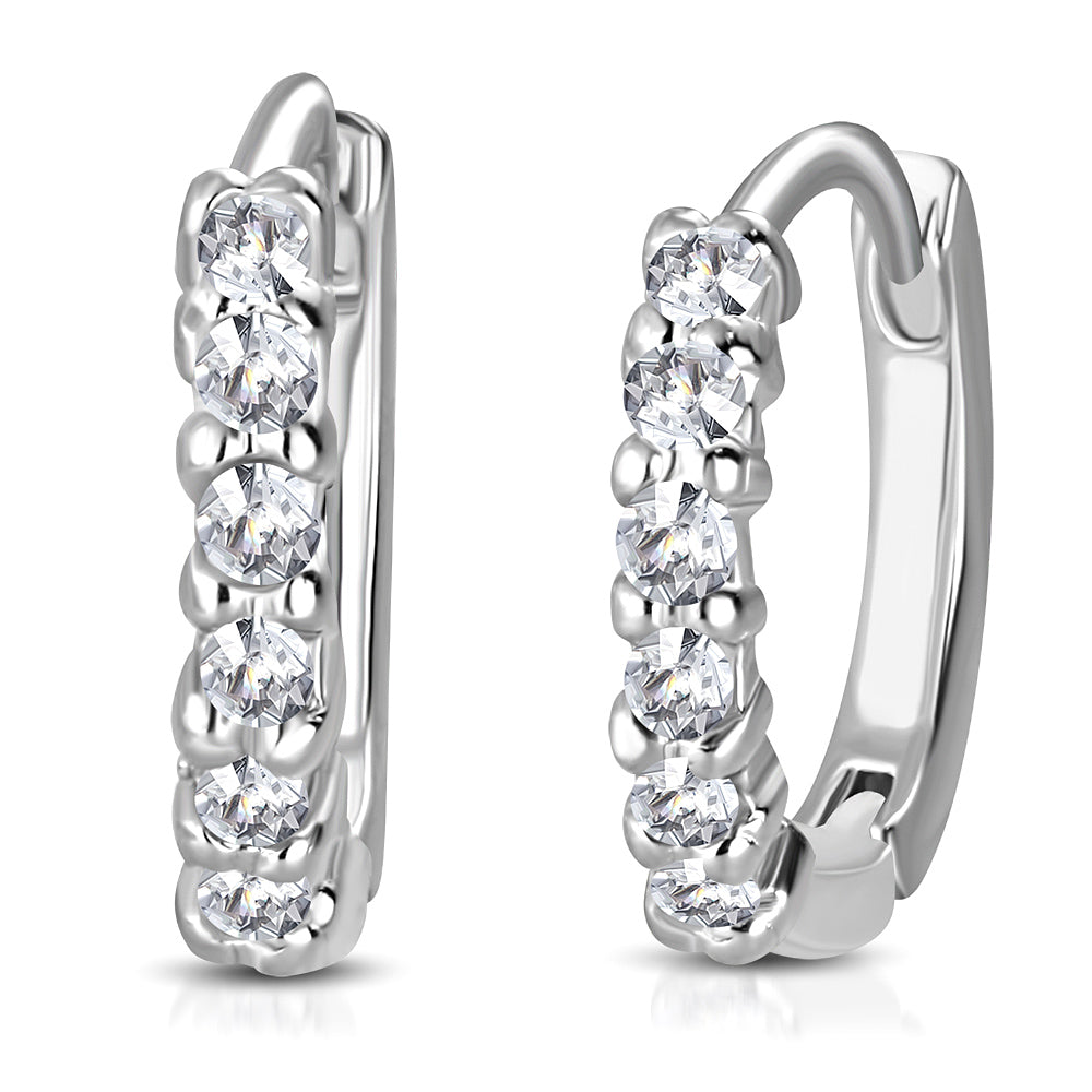 925 Sterling Silver White Clear CZ Hoop Huggie Earrings 0.50"