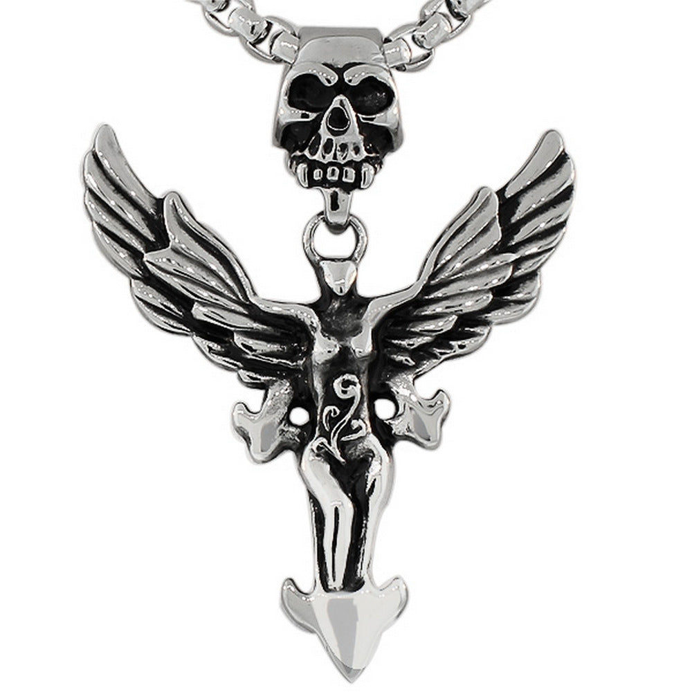 Large Mens Link Chain Scull Head Wings Necklace Pendant