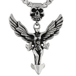Stainless Steel Silver-Tone Large Mens Link Chain Scull Head Wings Woman Necklace Pendant