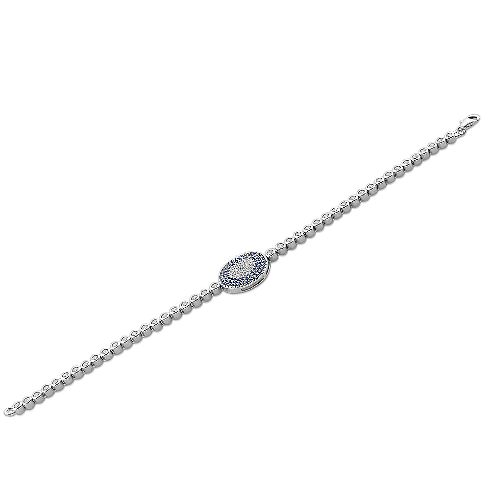 925 Sterling Silver White Blue Bezel-Set CZ Evil Eye Womens Tennis-Bracelet