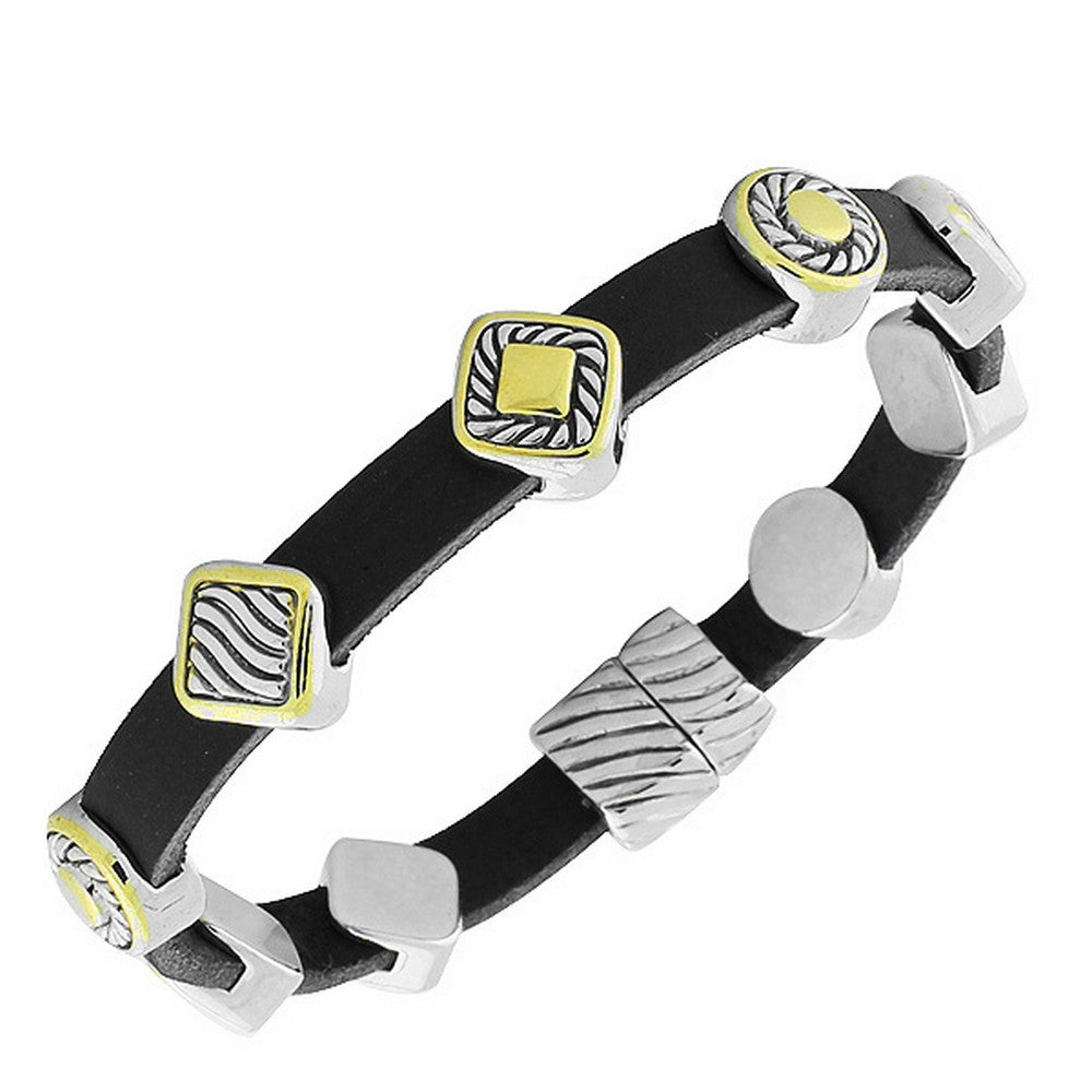 Fashion Alloy Black Leather Two-Tone Wristband Wrap Bracelet