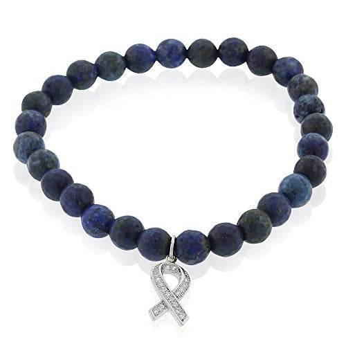925 Sterling Silver CZ Breast Cancer Awareness Ribbon Blue Stretch Beaded Bracelet