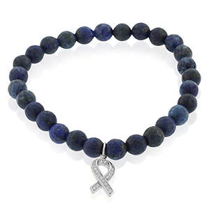 925 Sterling Silver CZ Breast Cancer Awareness Ribbon Blue Stretch Beaded Bracelet