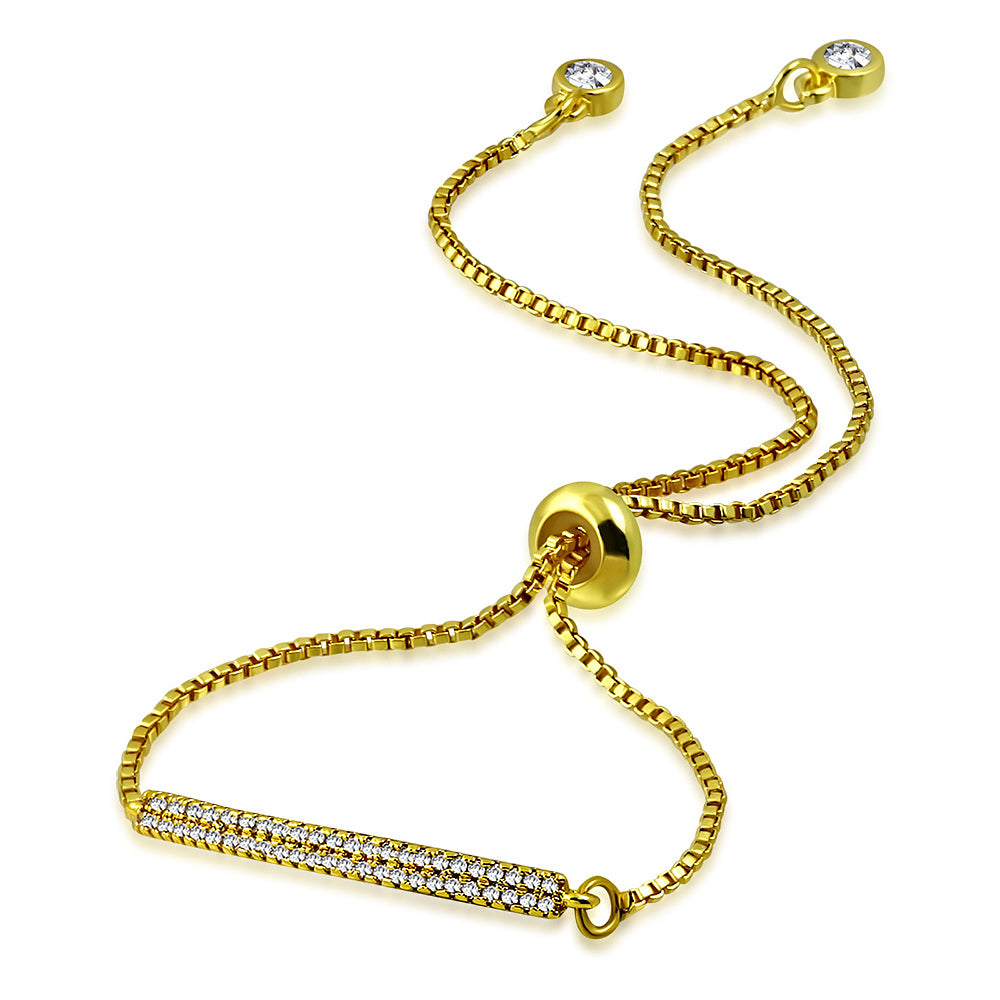 Stainless Steel Clear CZ Bar Adjustable Chain Bracelet, 9"