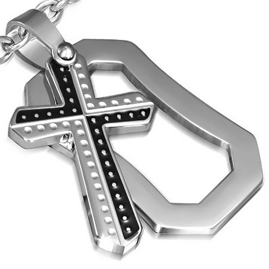 Stainless Steel Black Silver-Tone Religious Cross Pendant Necklace