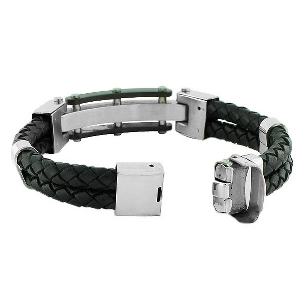 Stainless Steel Black Leather CZ Men's Bracelet