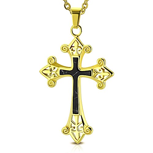 Stainless Steel Yellow Gold-Tone Black Large Statement Religious Cross Pendant Necklace