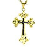 Stainless Steel Yellow Gold-Tone Black Large Statement Religious Cross Pendant Necklace