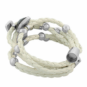 Fashion Alloy White Faux PU Leather Rose Gold-ToneBlack Stones Heart Multi-Row Layer Bracelet