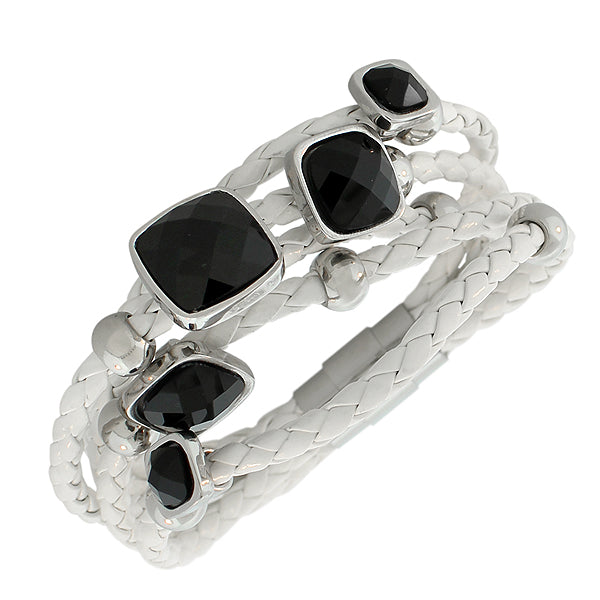 Fashion Alloy White Faux PU Leather Rose Gold-ToneBlack Stones Heart Multi-Row Layer Bracelet