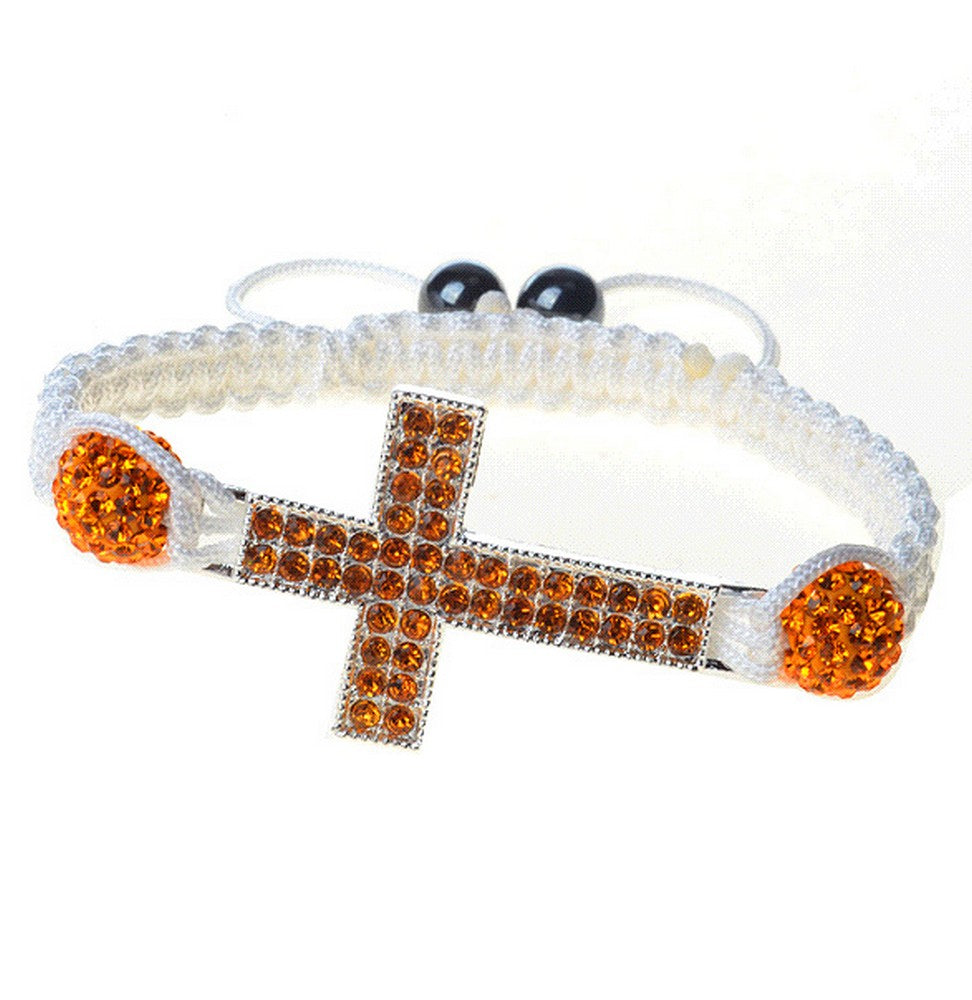 Silver-Tone Cross Orange CZ White Cord Macrame Beaded Adjustable Bracelet