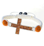 Silver-Tone Cross Orange CZ White Cord Macrame Beaded Adjustable Bracelet