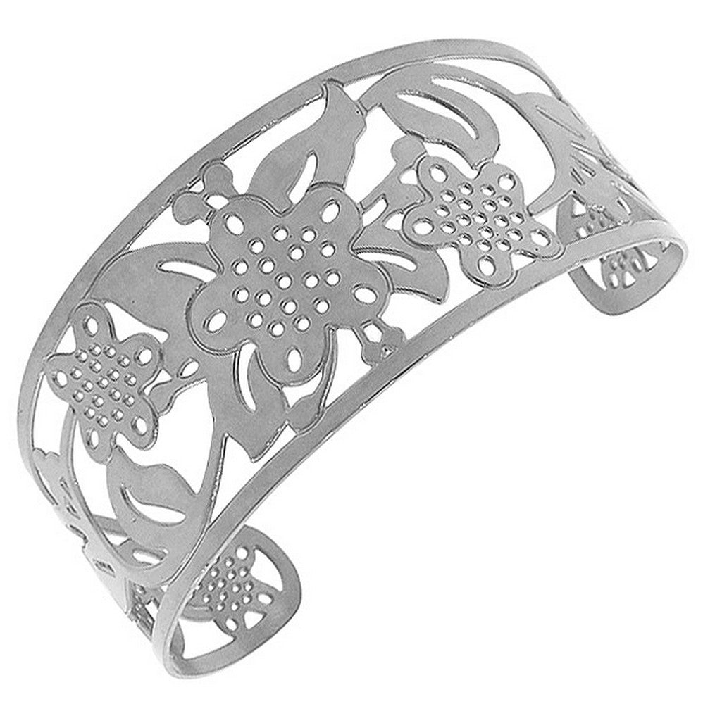 Stainless Steel Silver-Tone Cut-Out Floral Design Wide Open End Cuff Bangle Bracelet