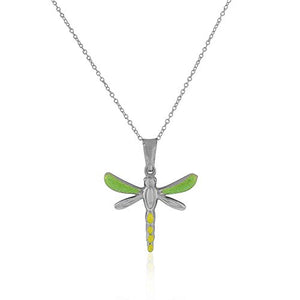 925 Sterling Silver 3D Yellow Green Enamel Glitter Dragonfly Charm Pendant Necklace