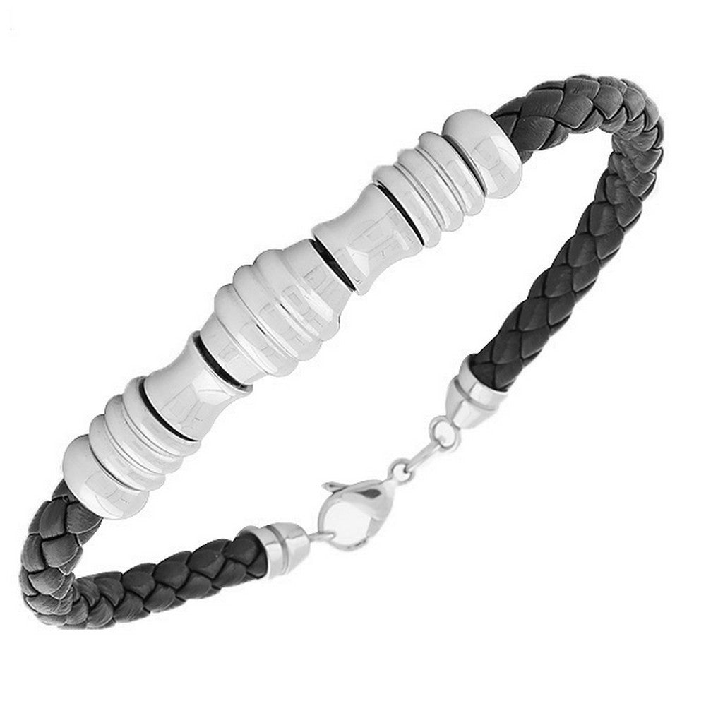 Stainless Steel Black Leather Silver-Tone Mens Bracelet
