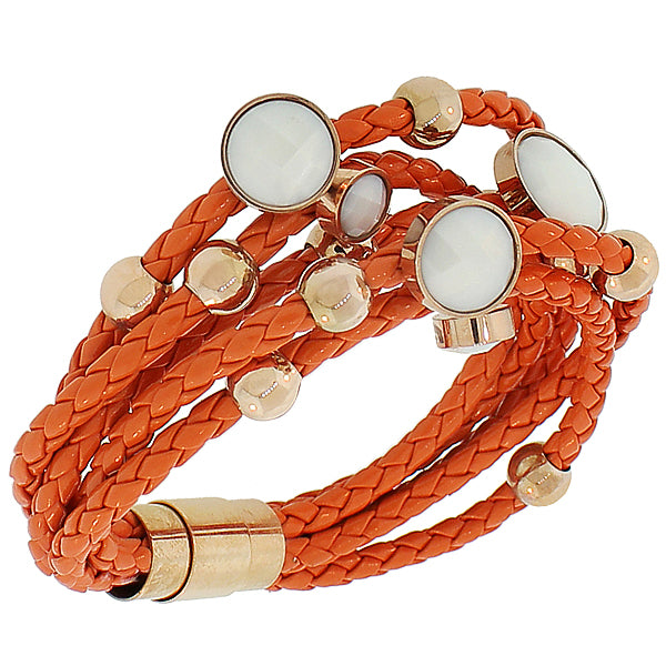 Fashion Alloy Orange Faux PU Leather Yellow Gold-Tone Multi-Row Layer Bracelet
