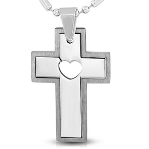 Stainless Steel Large Statement Cross Love Heart Pendant Necklace
