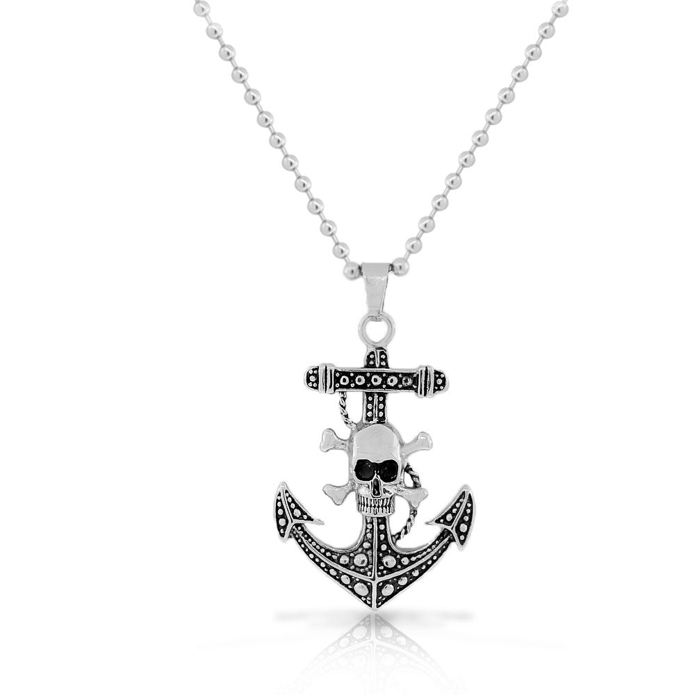 Stainless Steel Large Anchor Pirate Skull Crossbones Mens Pendant Necklace