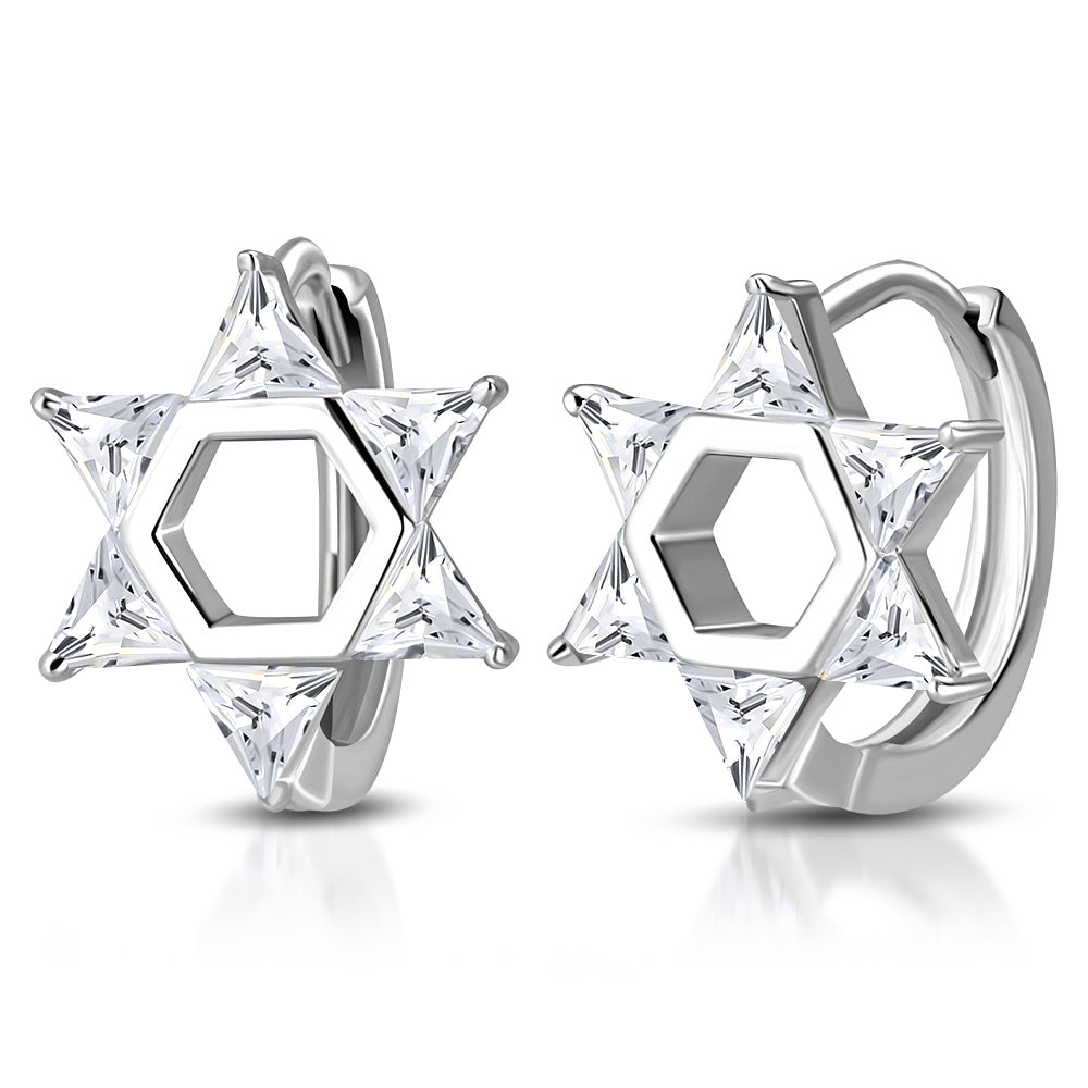 925 Sterling Silver Clear Multicolor CZ Jewish Star of David Hoop Huggie Earrings