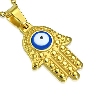 Stainless Steel Yellow Gold-Tone Hamsa Blue Evil Eye Pendant Necklace