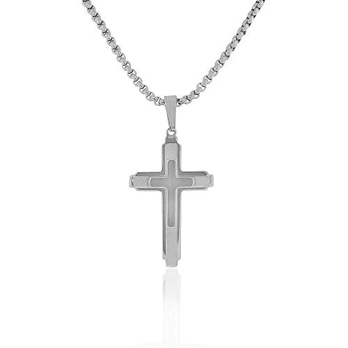 Stainless Steel Silver Classic Statement Cross Mens Necklace