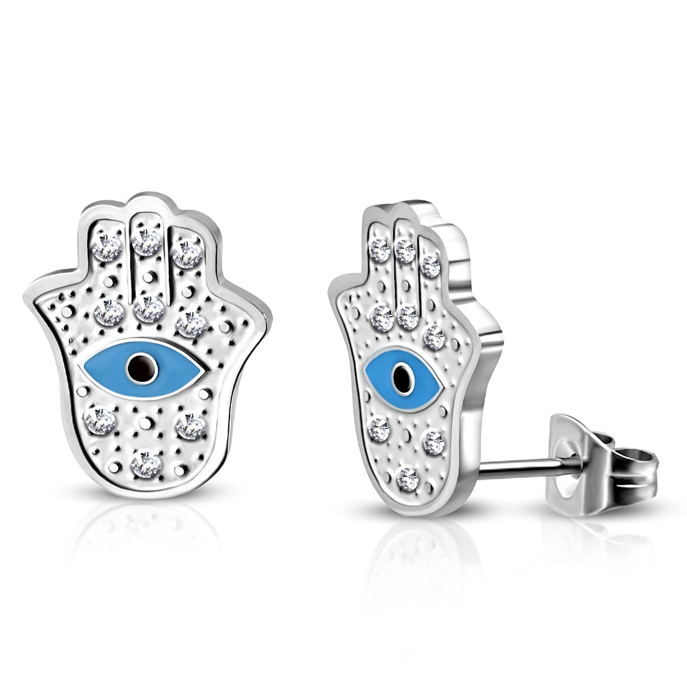 Stainless Steel Silver-Tone White Clear CZ Hamsa Hand Stud Earrings