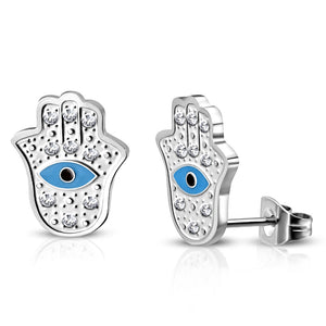 Stainless Steel Silver-Tone White Clear CZ Hamsa Hand Stud Earrings