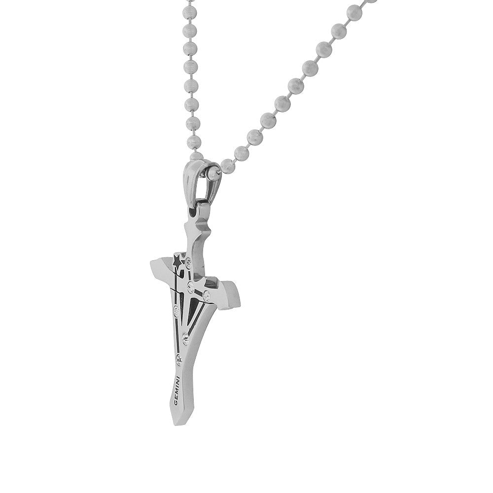 Stainless Steel Silver-Tone White CZ Zodiac Cross Pendant Necklace - Gemini