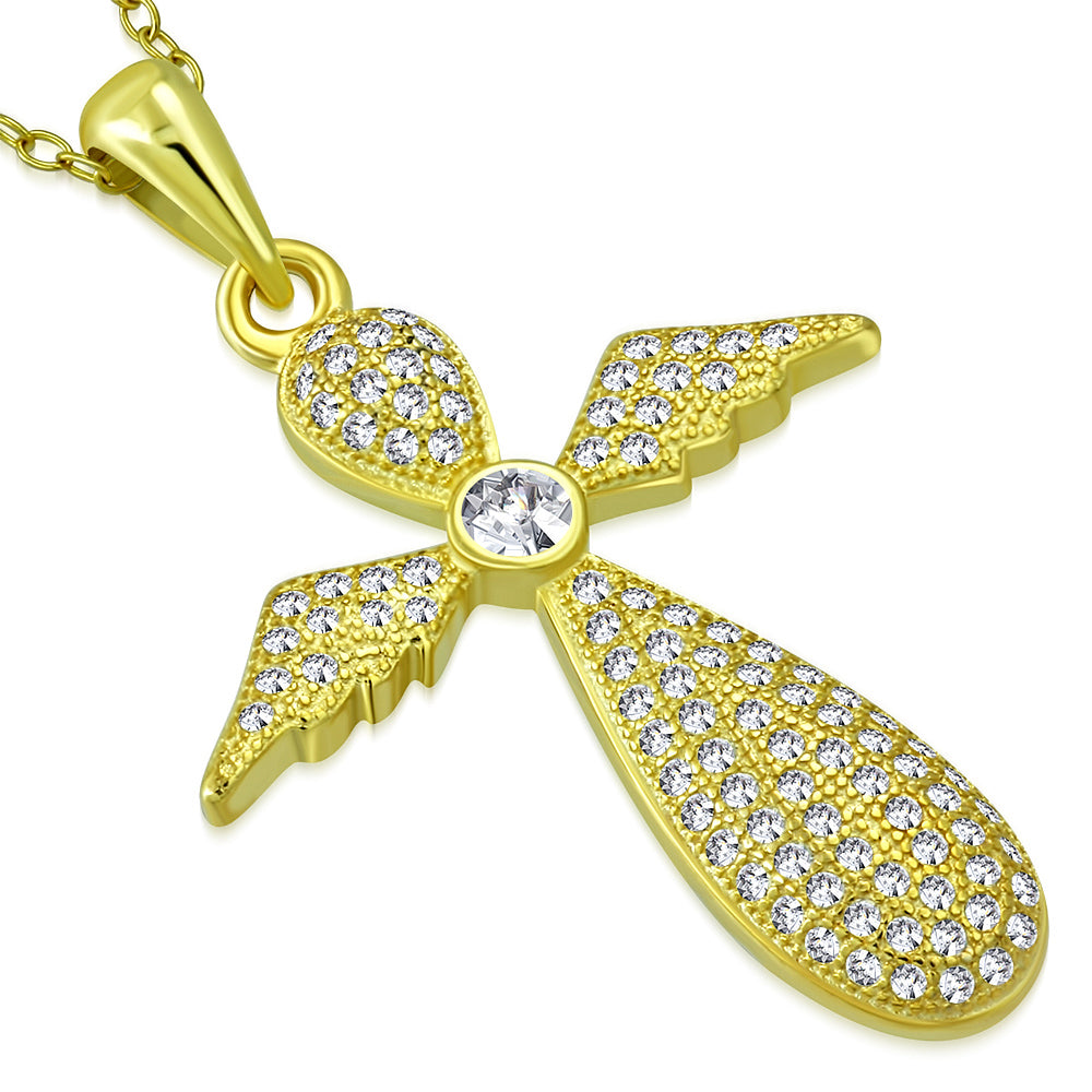Angel Wings Cross Pendant Necklace in Sterling Silver