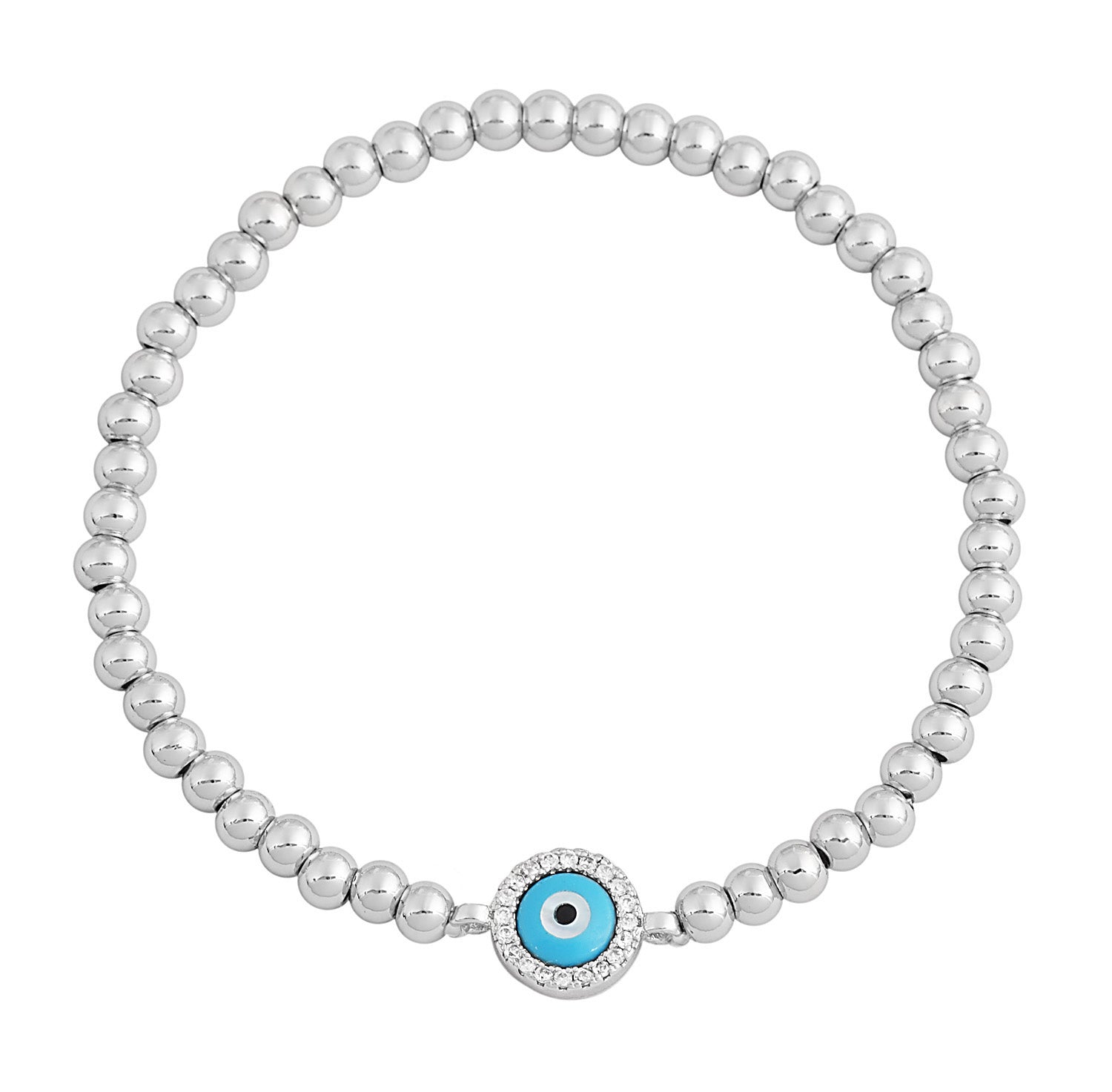 My Daily Styles Sterling Silver Evil Eye Beaded Stretch Bracelet, Blue Simulated Turquoise Center with Crystal Accents