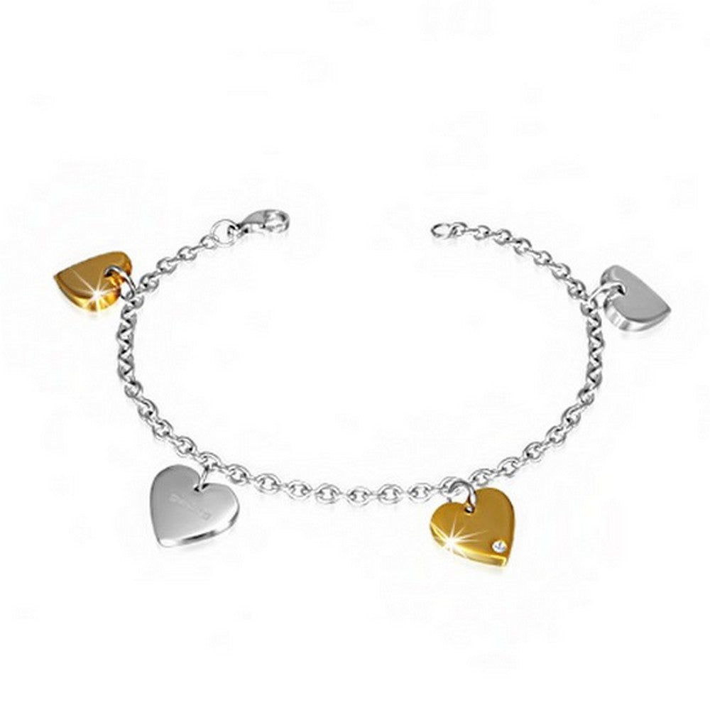 Stainless Steel CZ Love Heart Charm Womens Bracelet