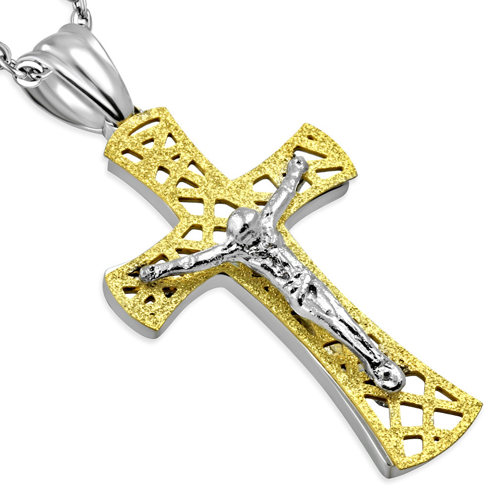Stainless Steel Two-Tone Religious Cross Pendant Necklace