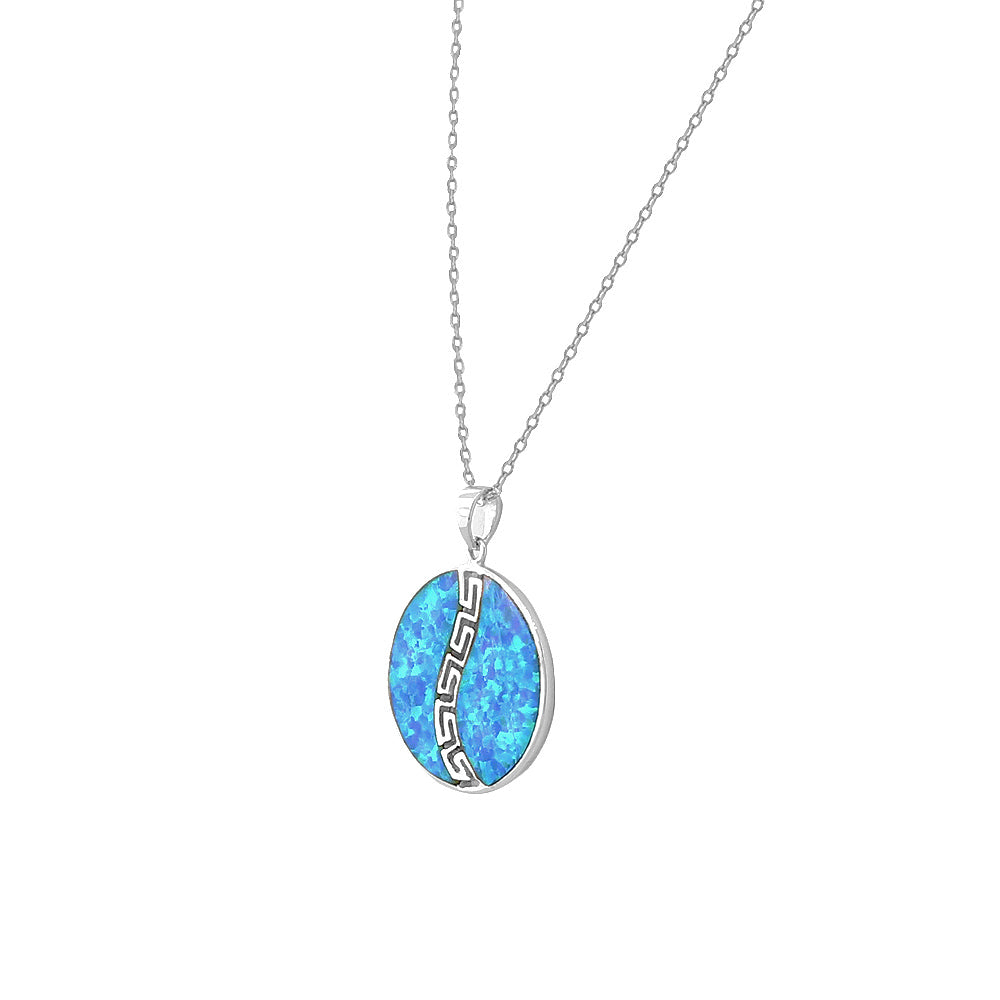 Opal Greek Key Circle Necklace Pendant Sterling Silver
