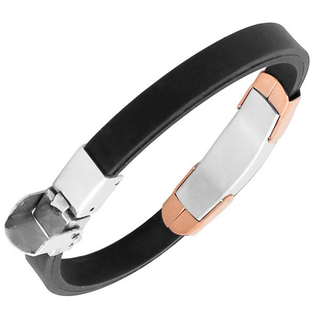 Stainless Steel Rose Silver Two-Tone Black Rubber Silicone  Men's Bangle Bracelet
