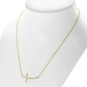 925 Sterling Silver Yellow Gold-Tone Womens Sideways Religious Cross White CZ Pendant Necklace