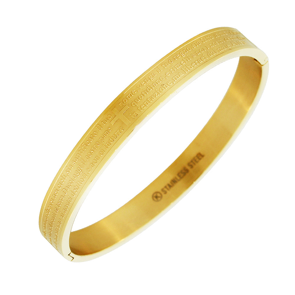 Stainless Steel Gold Classic Oval Lord's Prayer in Italian Bangle Bracelet