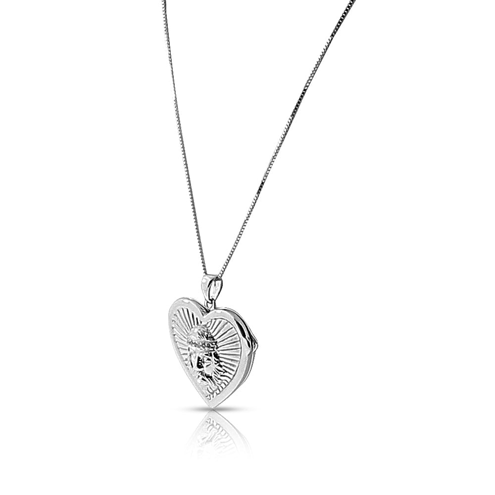 14K White Gold Jesus Love Heart Locket Necklace Pendant , 18"