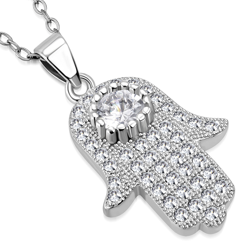 Sterling Silver White Clear CZ Hamsa Hand Good Luck Pendant Necklace