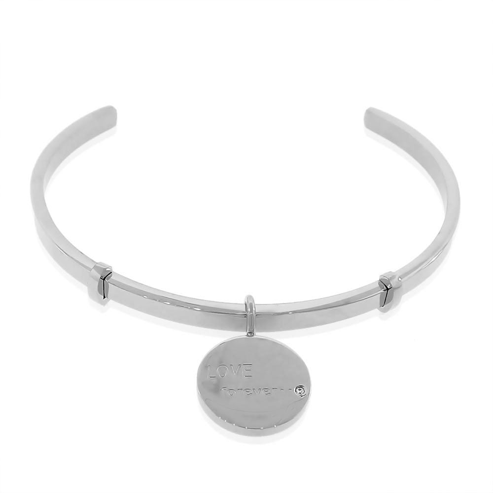 Stainless Steel Silver-Tone CZ Love Forever Open End Bangle Bracelet