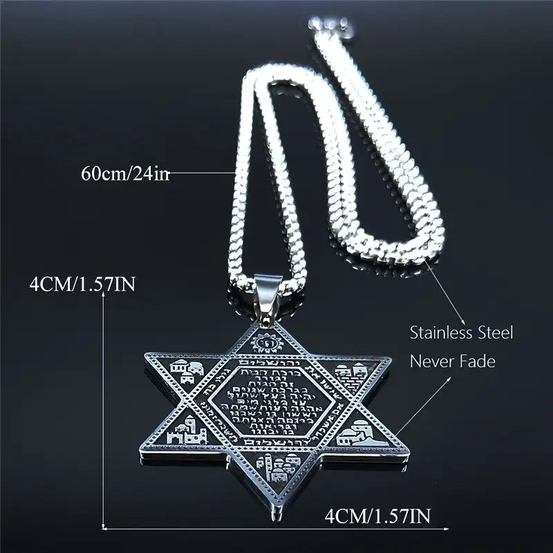 My Daily Styles Large Star of David Necklace with Hebrew Home Prayer, 24 inch Stainless Steel Chain, 1.57 inch Pendant