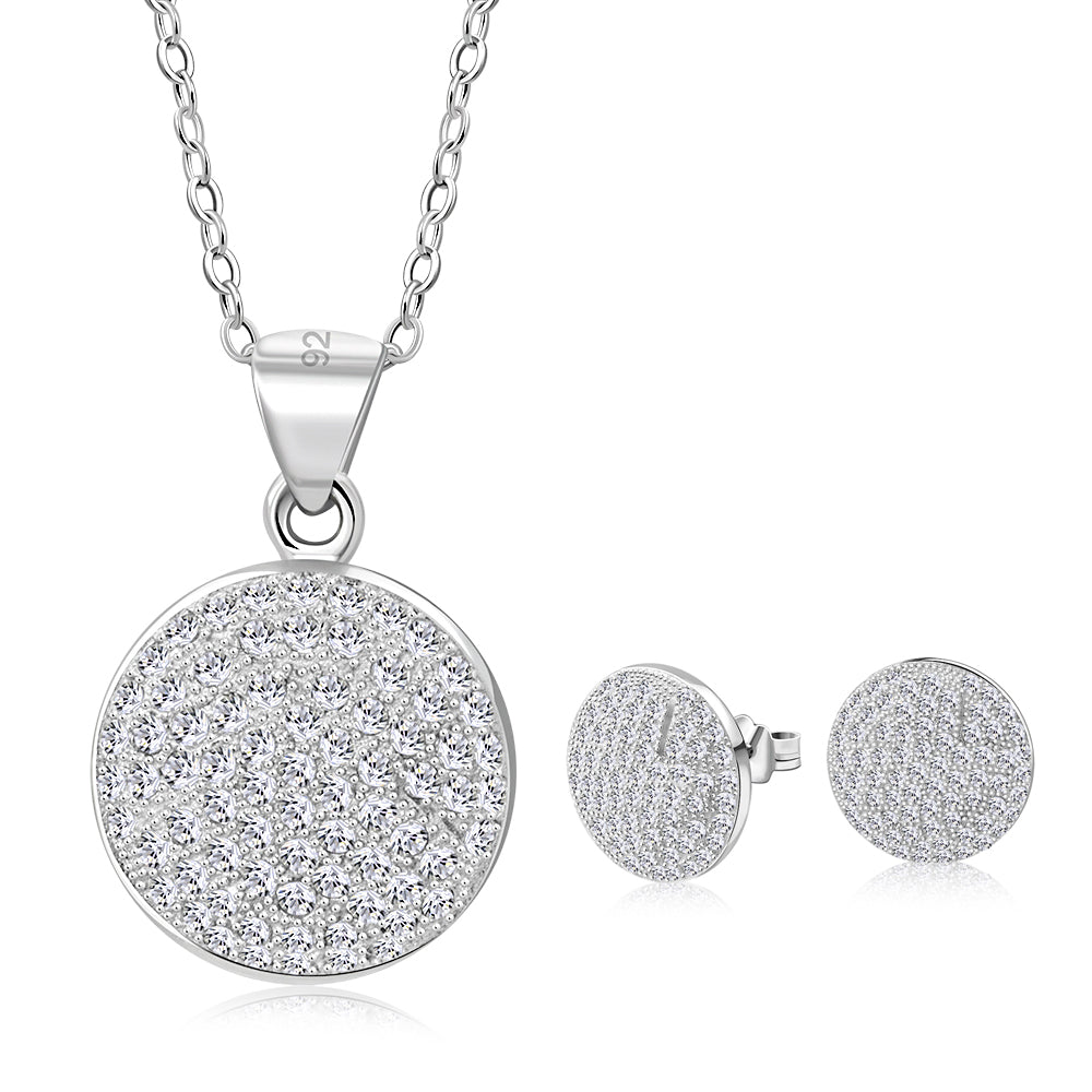 Sterling Silver White Clear CZ Round Clover Stud Earrings Necklace Set