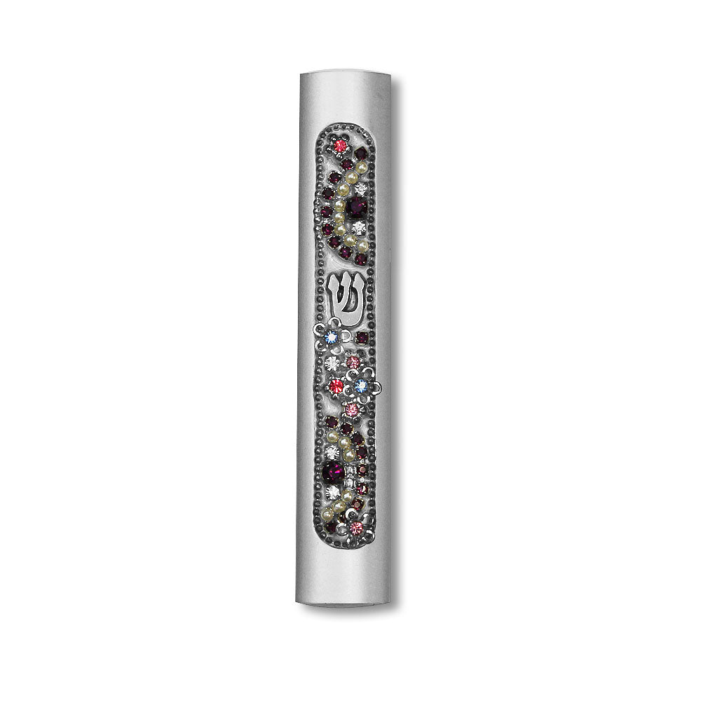 Small Aluminum Silver-Tone Multicolor CZ Mezuzah Case Shin with Decorative Design, 3.75"