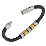 Stainless Steel Black Faux PU Leather Two-Tone Men's Bracelet