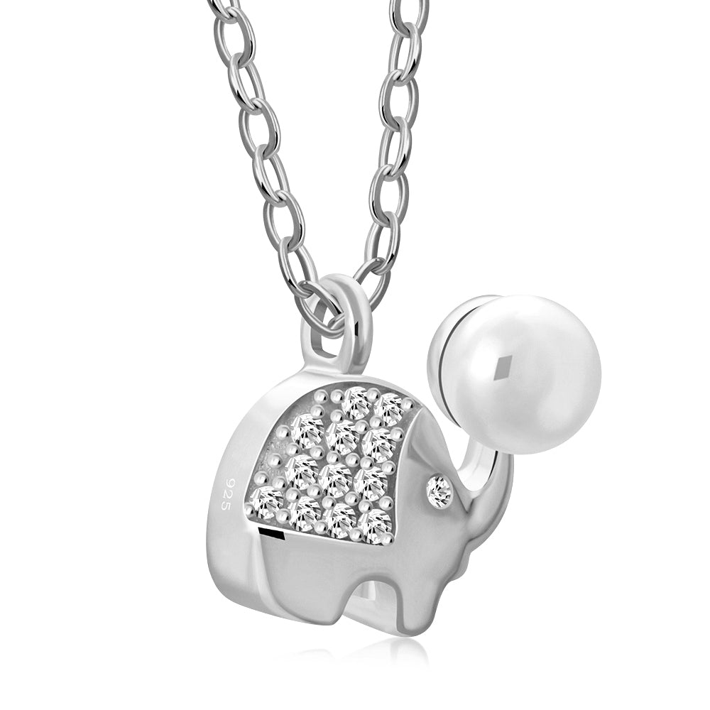 My Daily Styles Adorable 925 Sterling Silver Small Elephant CZ and Simulated Pearl Pendant Necklace - 18" Silver Chain