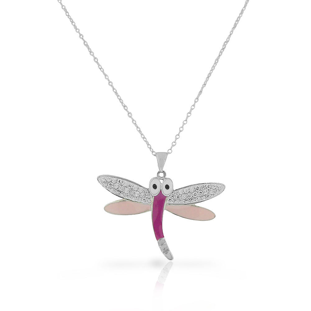 925 Sterling Silver Pink Enamel CZ Dragonfly Pendant Necklace